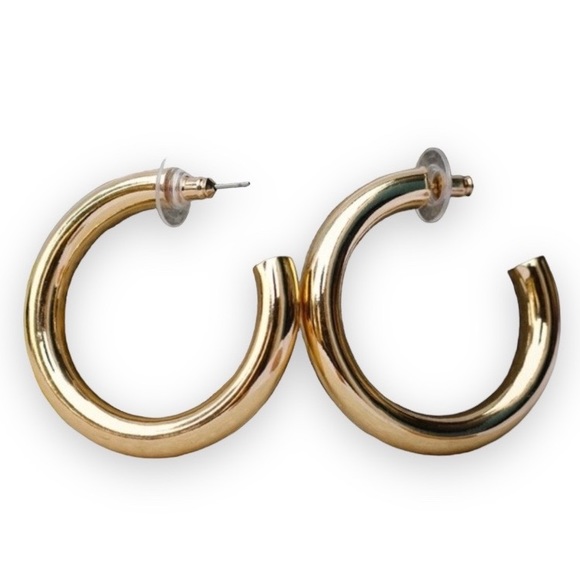 Jewelry - New 14k Gold Plated Sterling Silver Classic 4mm Hoop Push Back Stud Earrings